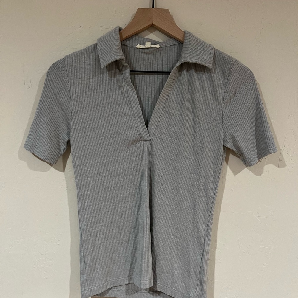 Madewell Gray Ribbed Collared Crop Top